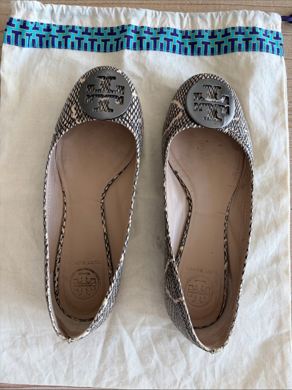 Tory Burch Neutral Snake-Print Reva Logo Ballet Flats